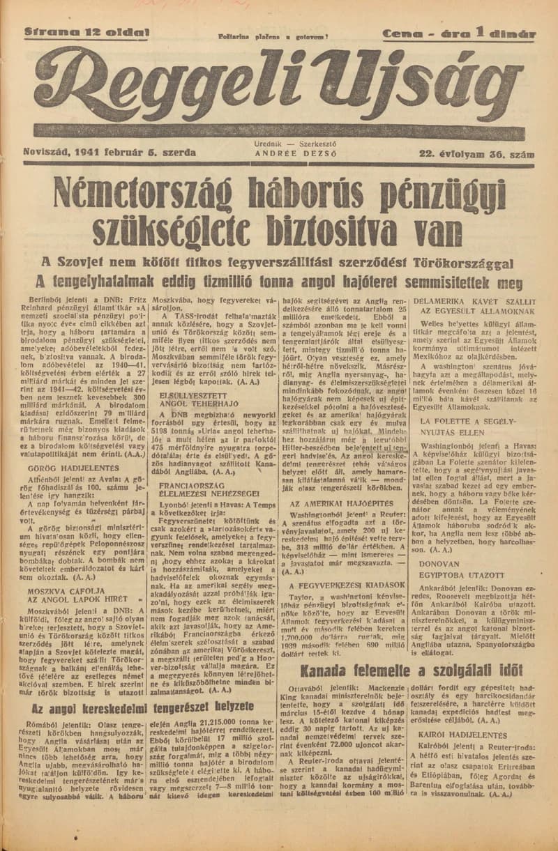 Reggeli Újság, 22. évf. 1941. február 5. 36. sz.