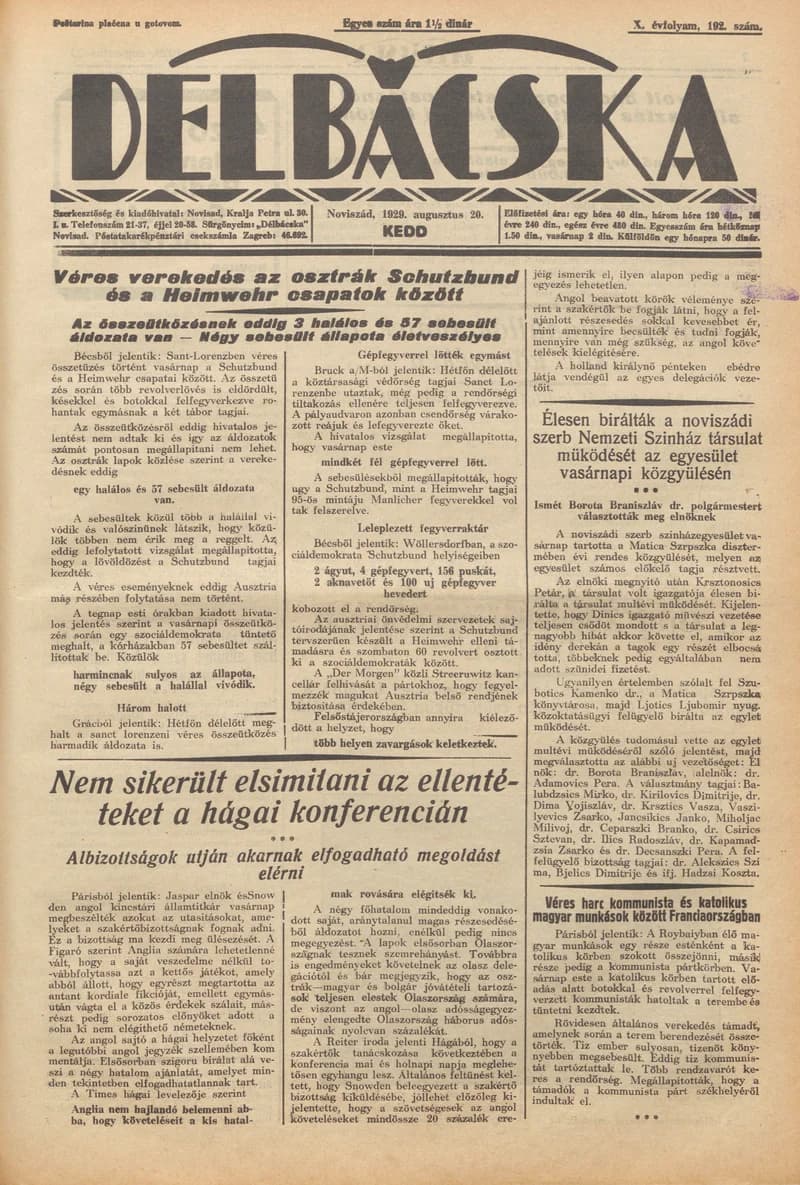 Délbácska, 10. évf. 1929. augusztus 20. 192. sz.