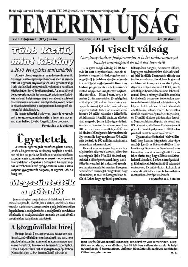 Temerini Újság, 17. évf. 2011. január 6. 1. sz.