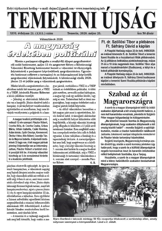 Temerini Újság, 26. évf. 2020. május 28. 21. sz.