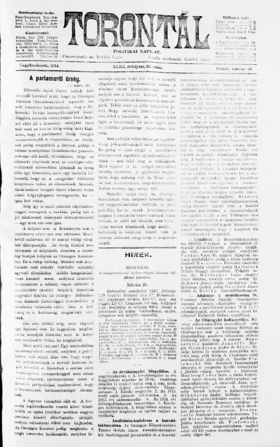 Torontál, 43. évf. 1914. március 20. 65. sz.