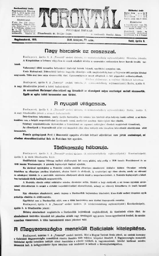 Torontál, 44. évf. 1915. április 6. 77. sz.