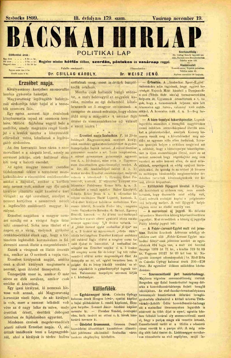 Bácskai Hirlap, 3. évf. 1899. november 19. 179. sz.