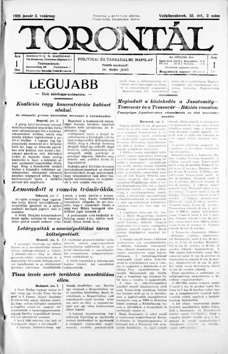 Torontál, 55. évf. 1926. január 3. 2. sz.