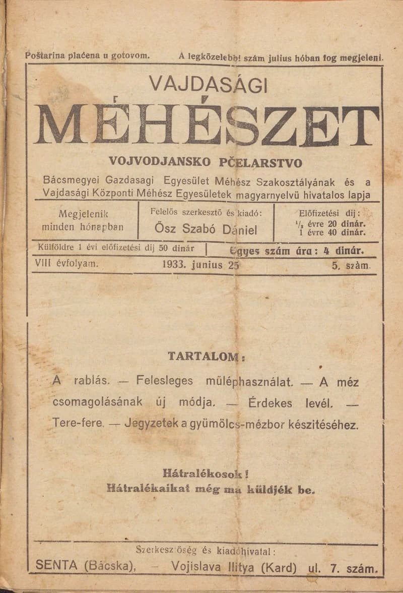 Vajdasági méhészet, 8. évf. 1933. június 25. 5. sz.