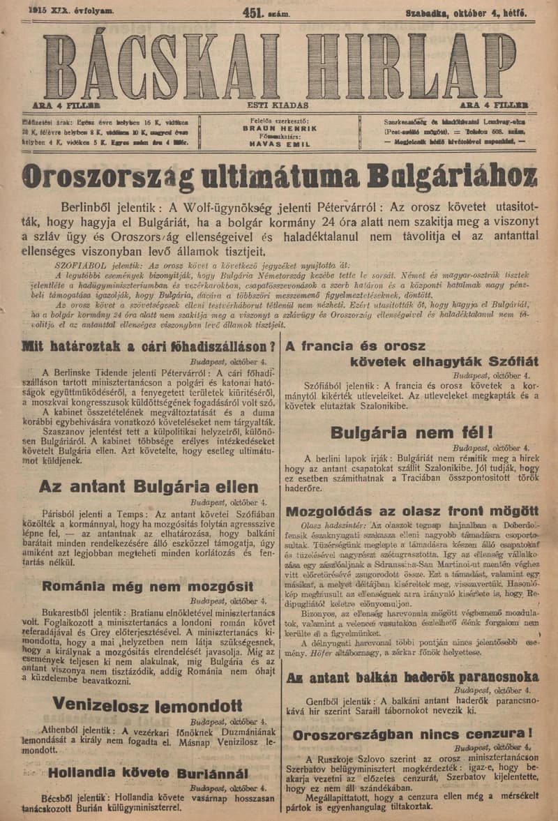Bácskai Hirlap, 19. évf. 1915. október 4. 451. sz.