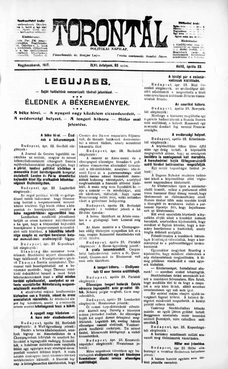 Torontál, 46. évf. 1917. április 23. 93. sz.