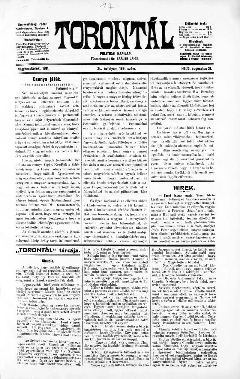 Torontál, 40. évf. 1911. augusztus 21. 189. sz.