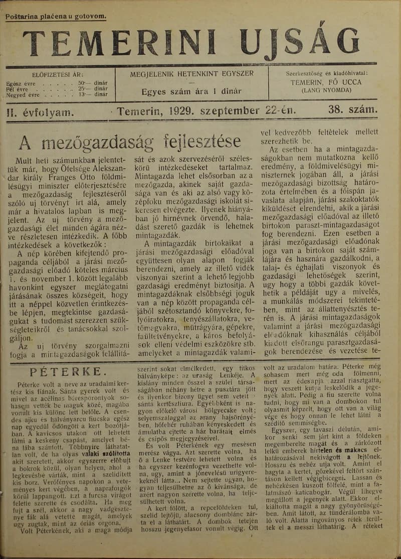 Temerini Újság 1928-1944, 2. évf. 1929. szeptember 22. 38. sz.