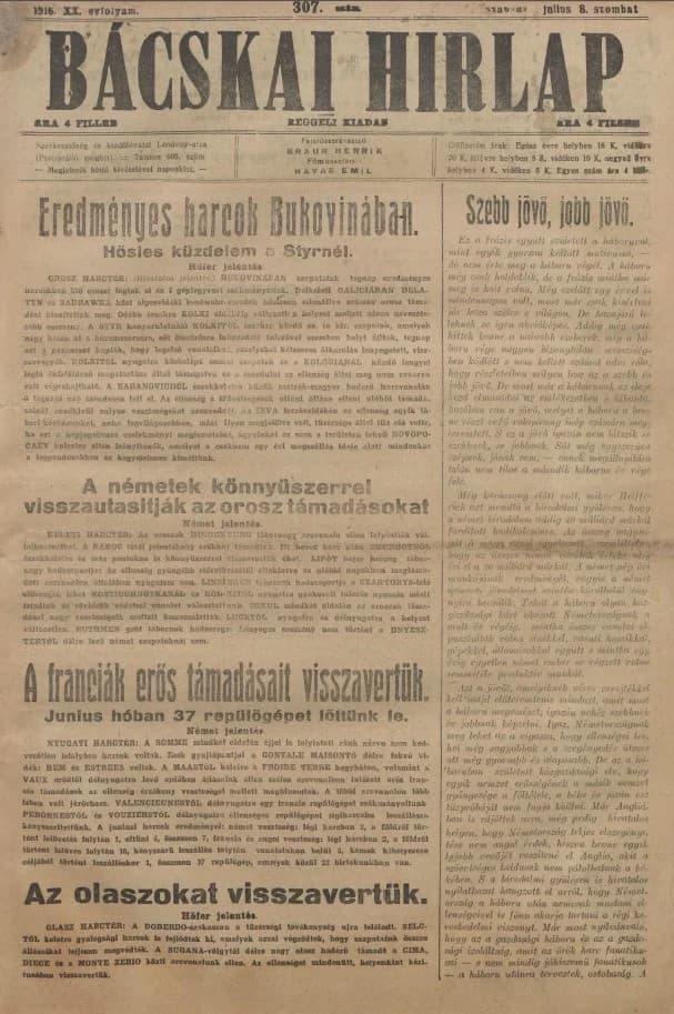 Bácskai Hirlap, 20. évf. 1916. július 8. 307. sz.