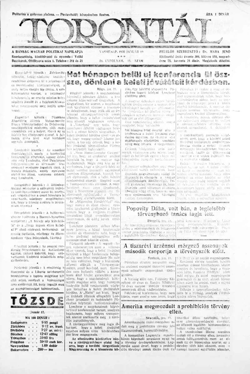 Torontál, 59. évf. 1930. január 19. 15. sz.
