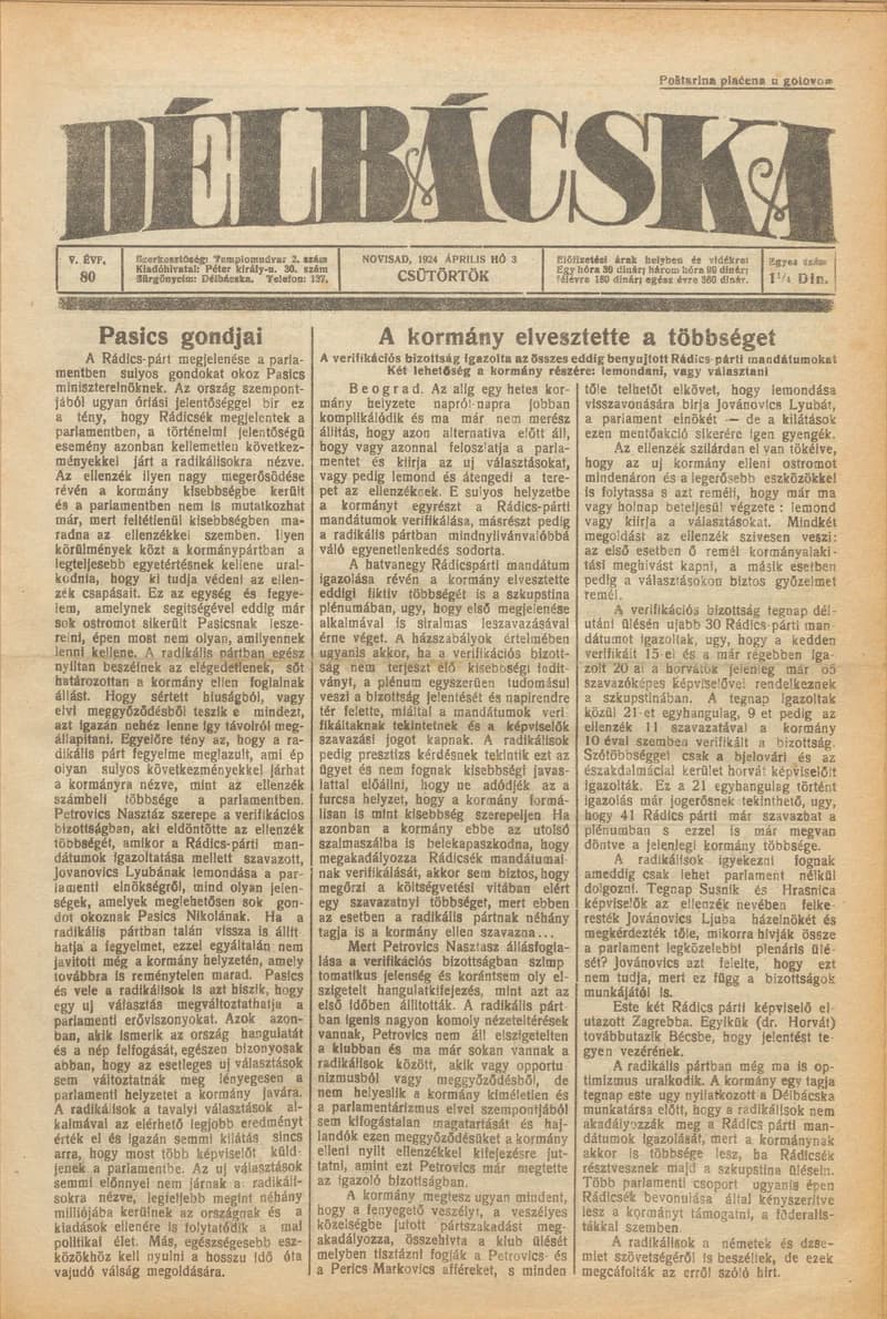 Délbácska, 5. évf. 1924. április 3. 80. sz.