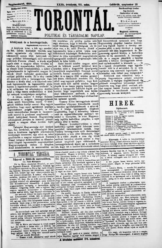 Torontál, 23. évf. 1894. szeptember 20. 215. sz.