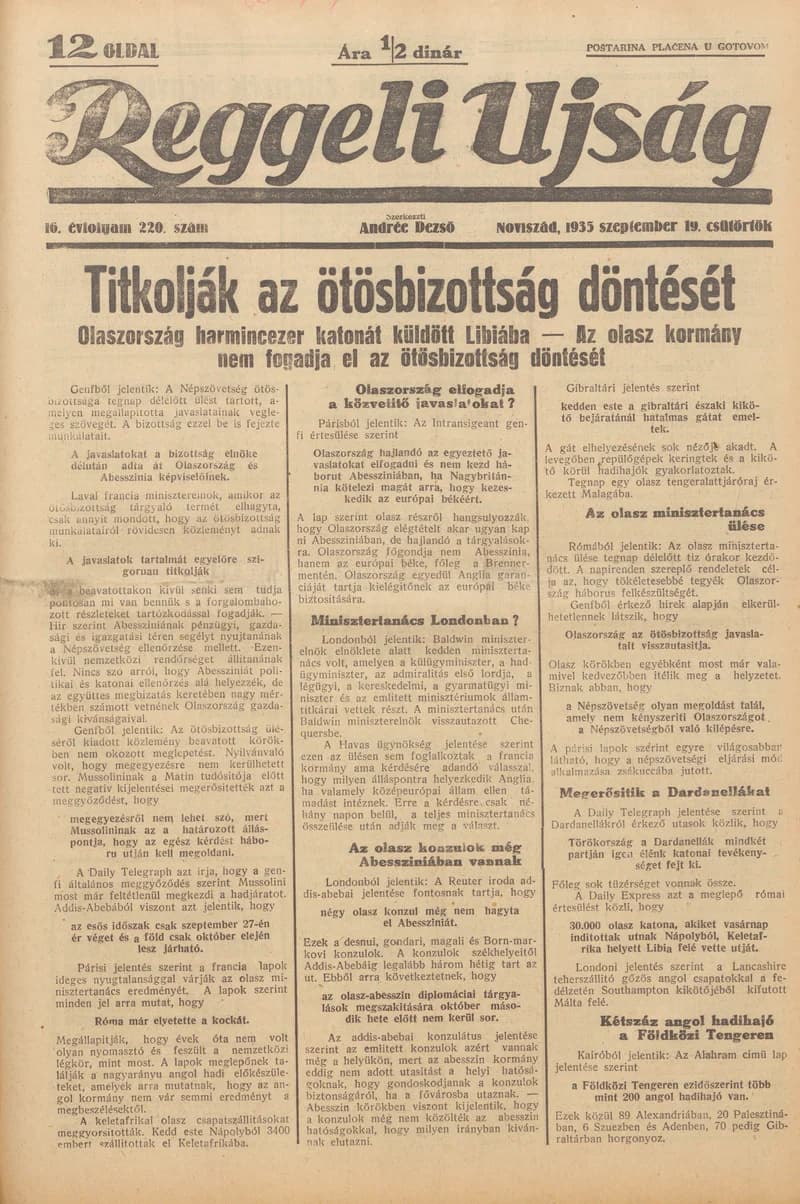 Reggeli Újság, 16. évf. 1935. szeptember 19. 220. sz.