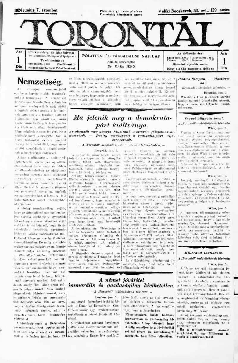 Torontál, 53. évf. 1924. június 7. 129. sz.