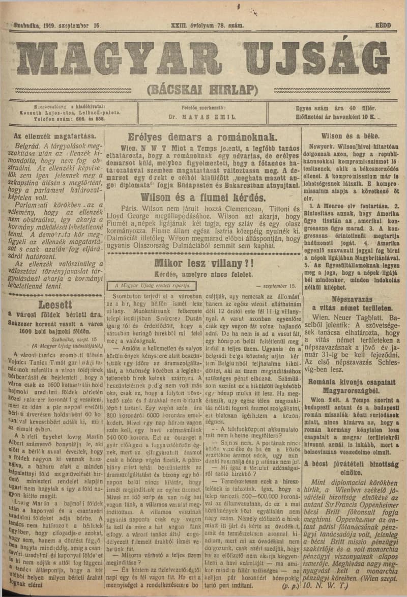 Bácskai Hirlap, 23. évf. 1919. szeptember 16. 78. sz.