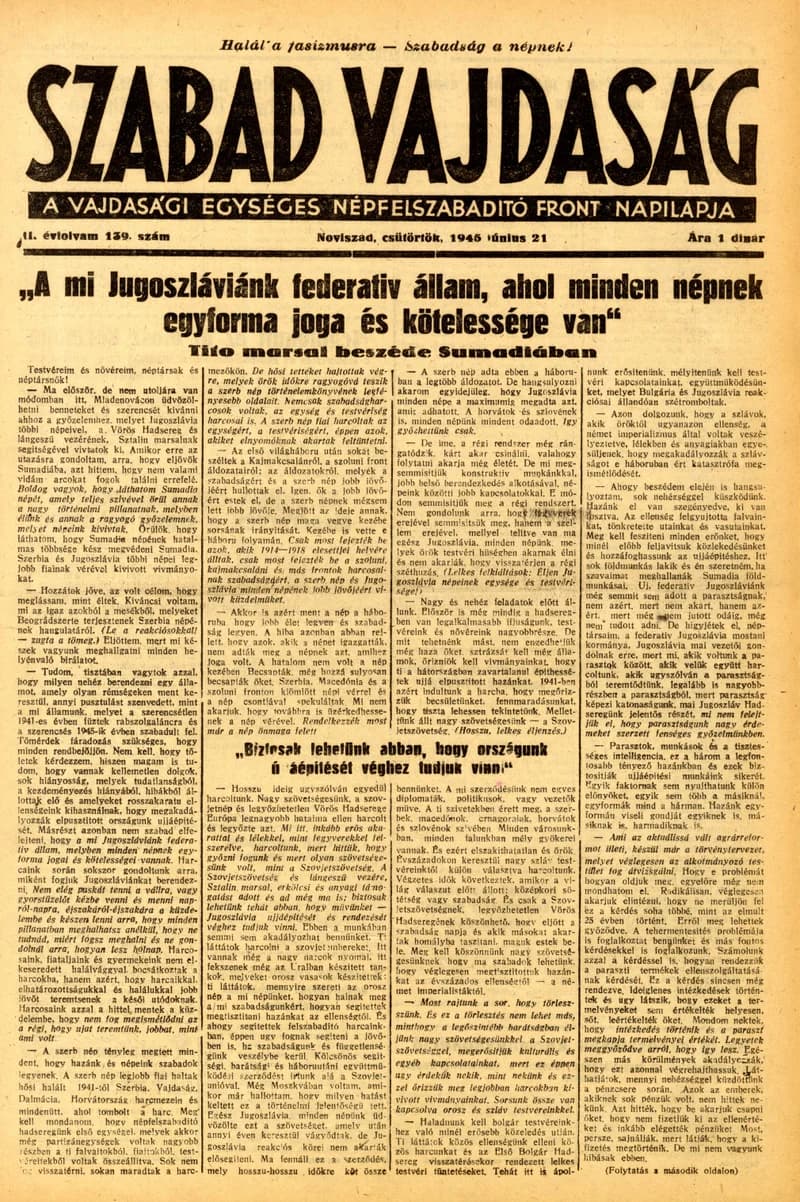 Szabad Vajdaság, 2. évf. 1945. június 21. 139. sz.