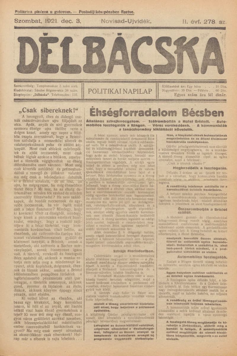 Délbácska, 2. évf. 1921. december 3. 278. sz.