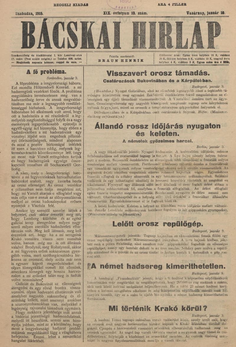 Bácskai Hirlap, 19. évf. 1915. január 10. 13. sz.
