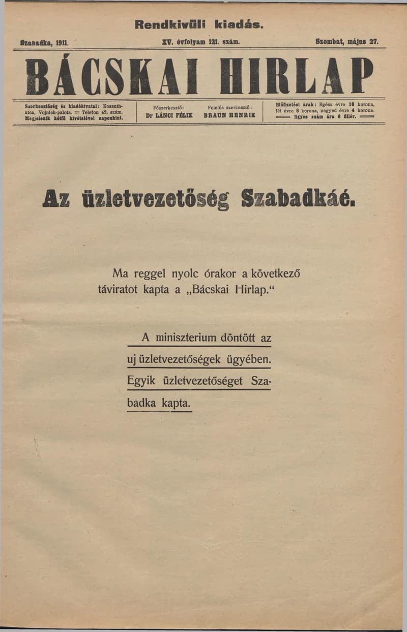 Bácskai Hirlap, 15. évf. 1911. május 27. 121. sz.