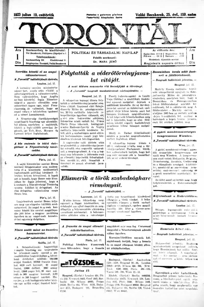 Torontál, 52. évf. 1923. július 19. 159. sz.