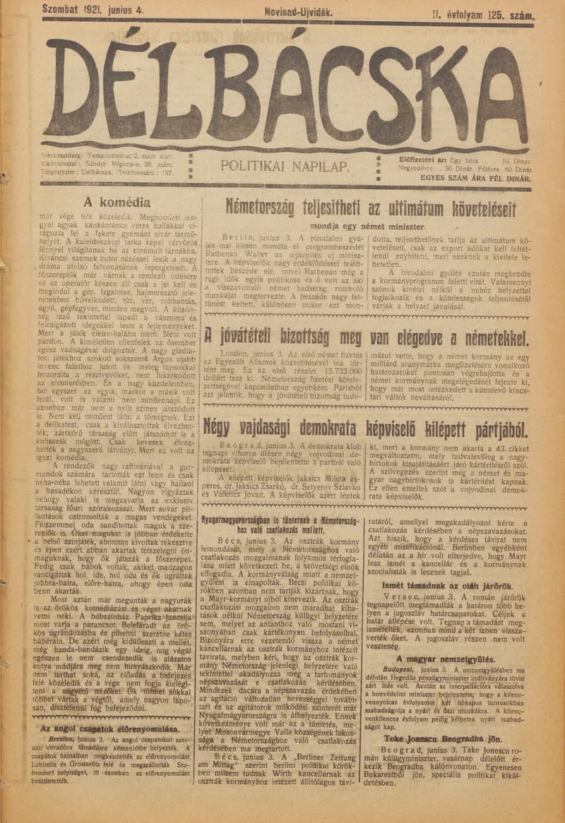 Délbácska, 2. évf. 1921. június 4. 125. sz.