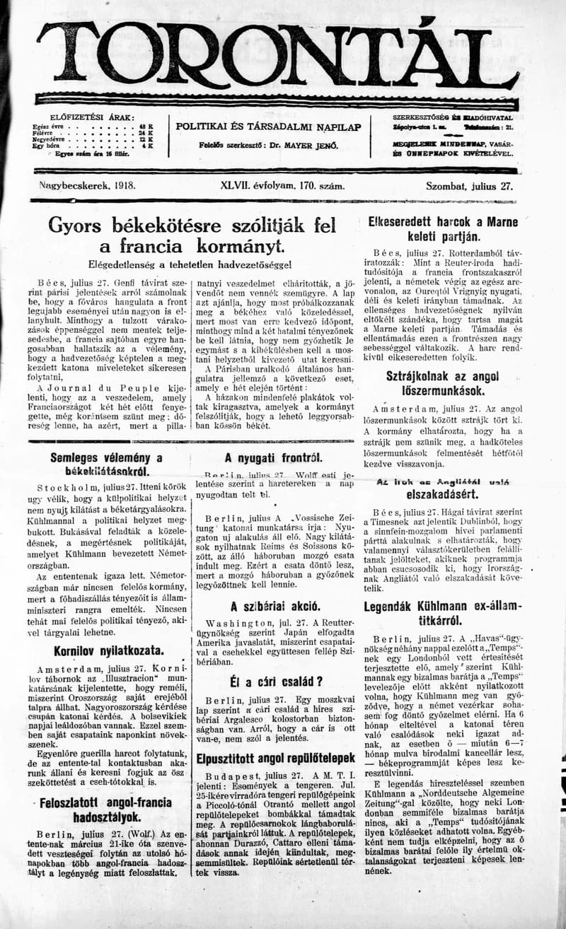 Torontál, 47. évf. 1918. július 27. 170. sz.
