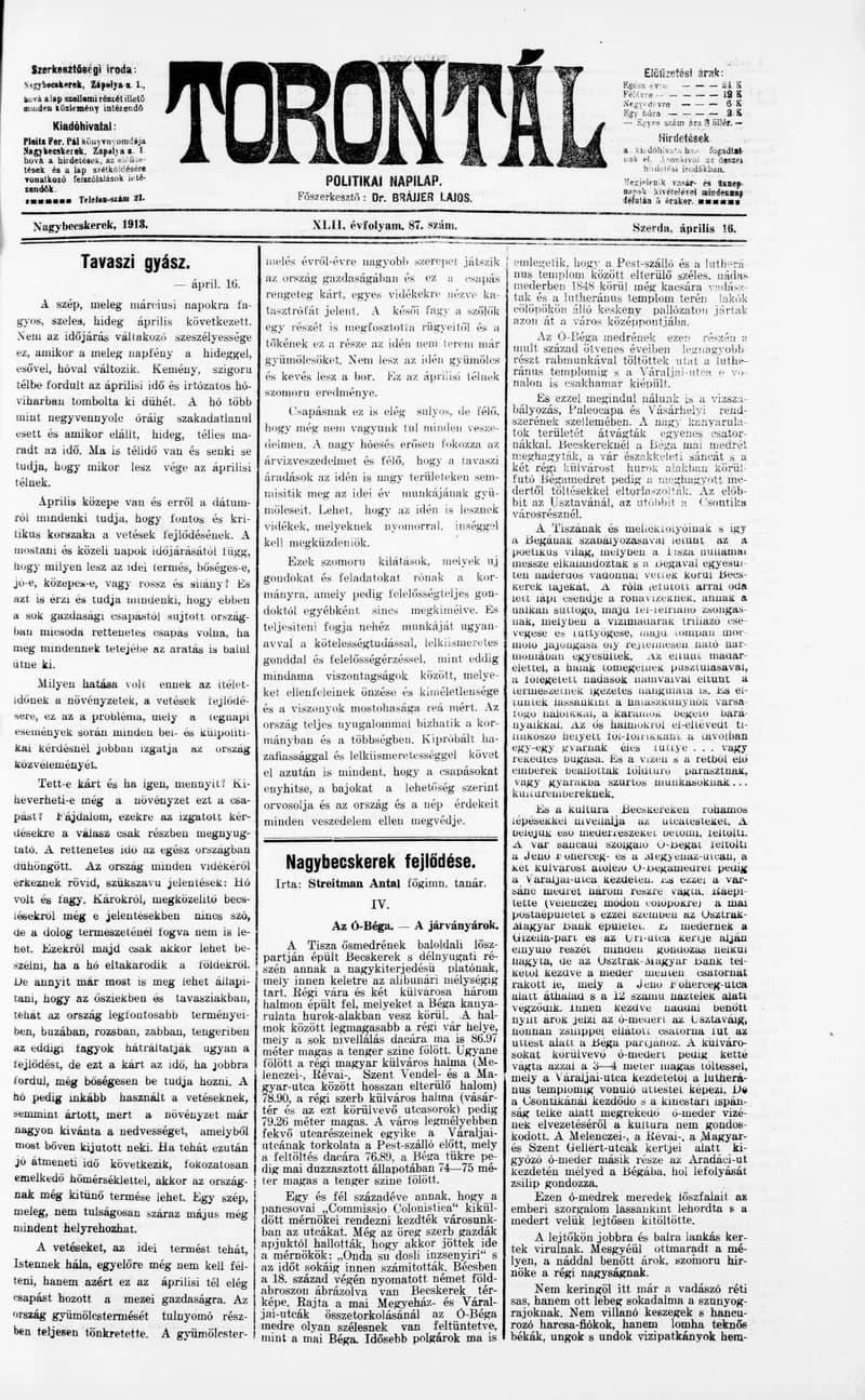 Torontál, 42. évf. 1913. április 16. 87. sz.