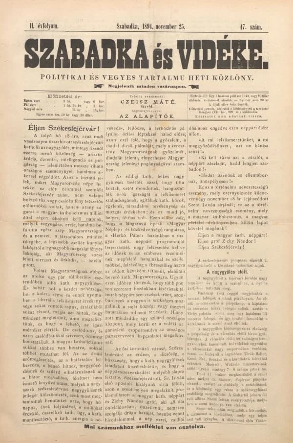 Szabadka és vidéke II, 2. évf. 1894. november 25. 47. sz.