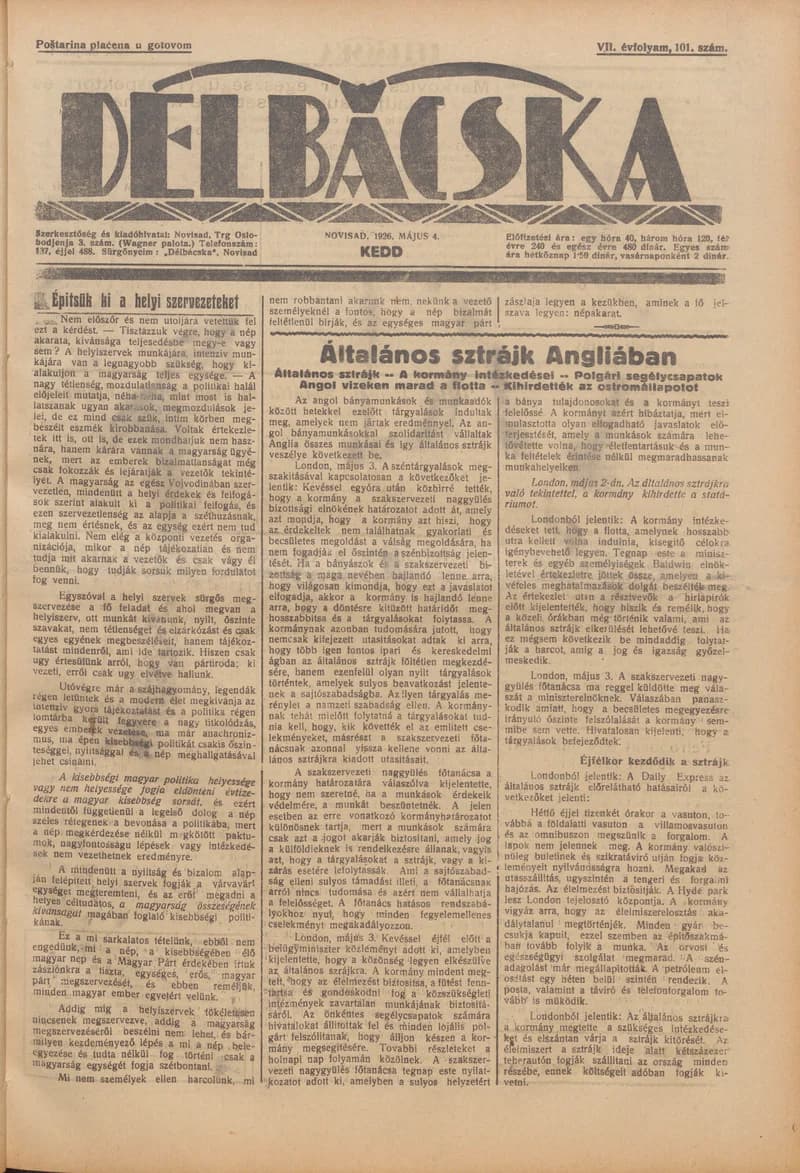 Délbácska, 7. évf. 1926. május 4. 101. sz.