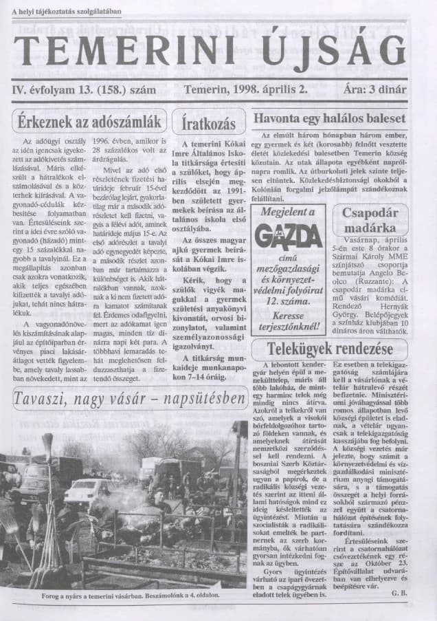 Temerini Újság, 4. évf. 1998. április 2. 13. sz.