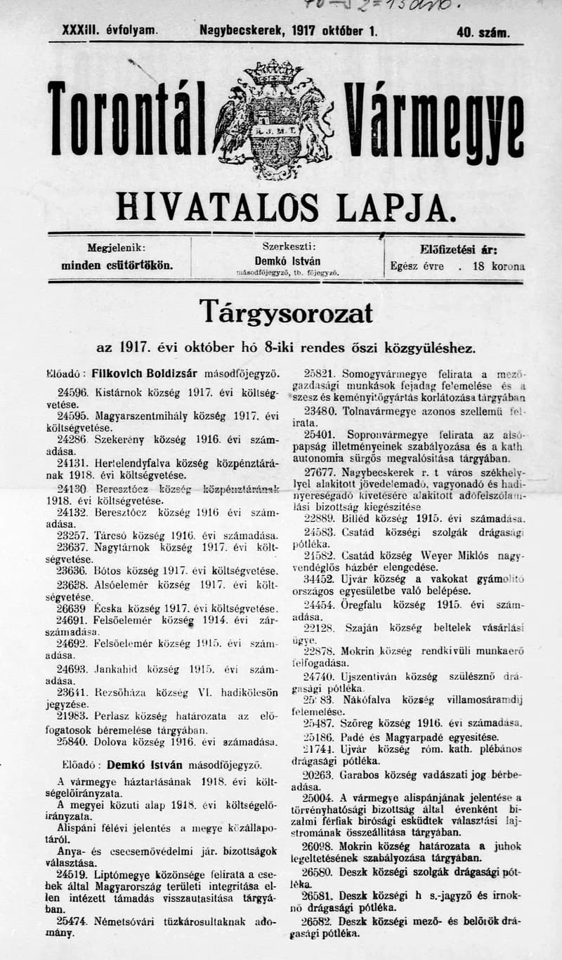 Torontál Vármegye Hivatalos Lapja, 33. évf. 1917. október 1. 40. sz.