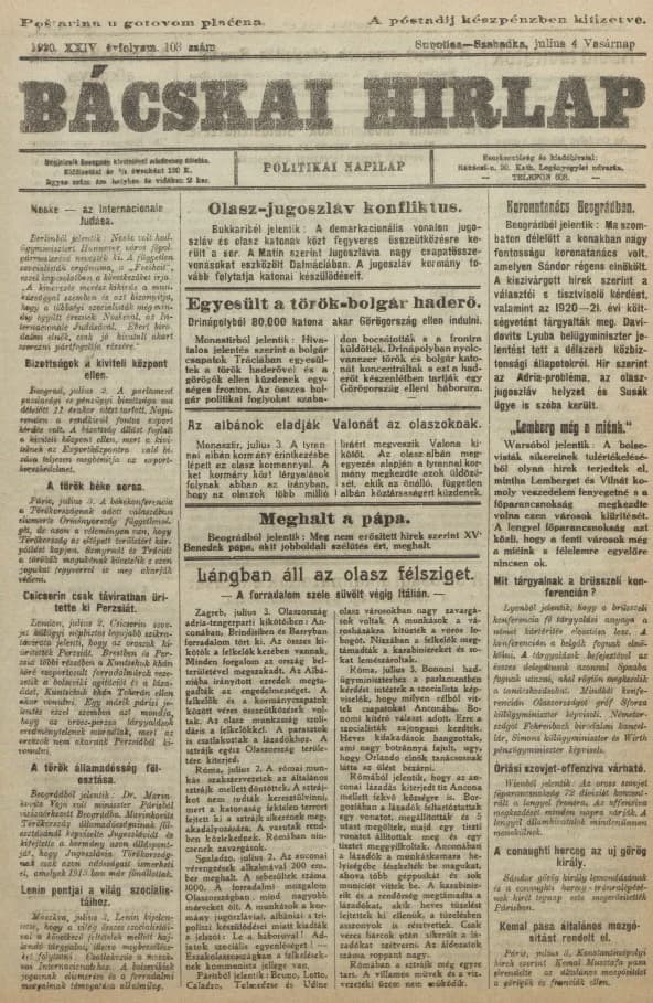 Bácskai Hirlap, 24. évf. 1920. július 4. 103. sz.