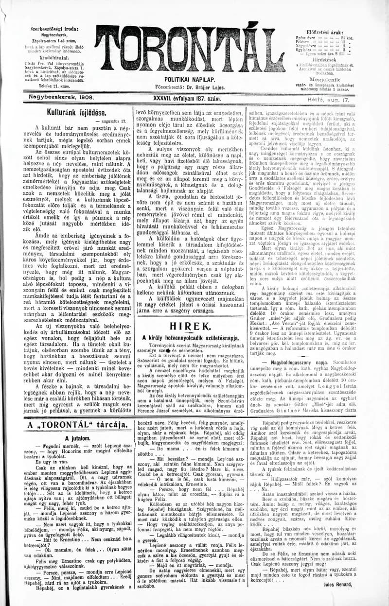 Torontál, 37. évf. 1908. augusztus 17. 187. sz.