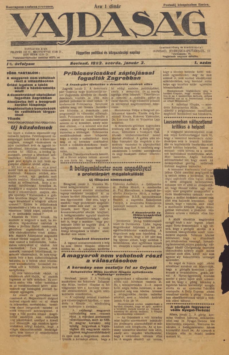 Vajdaság, 3. évf. 1923. január 3. 1. sz.