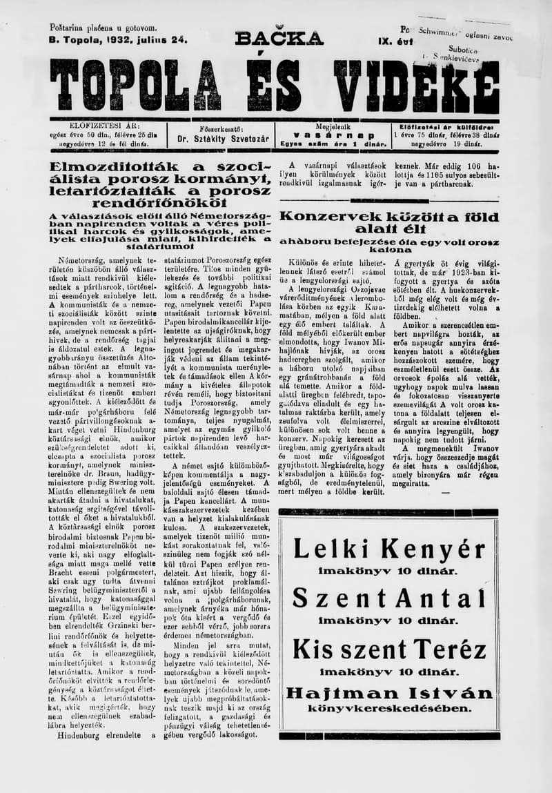 Bačka Topola és Vidéke, 9. évf. 1932. július 24. 30. sz.