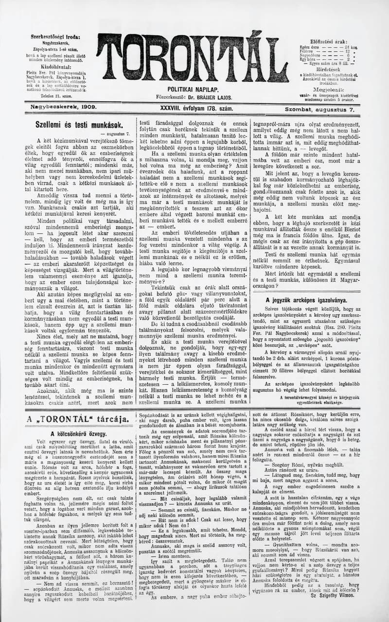 Torontál, 38. évf. 1909. augusztus 7. 178. sz.