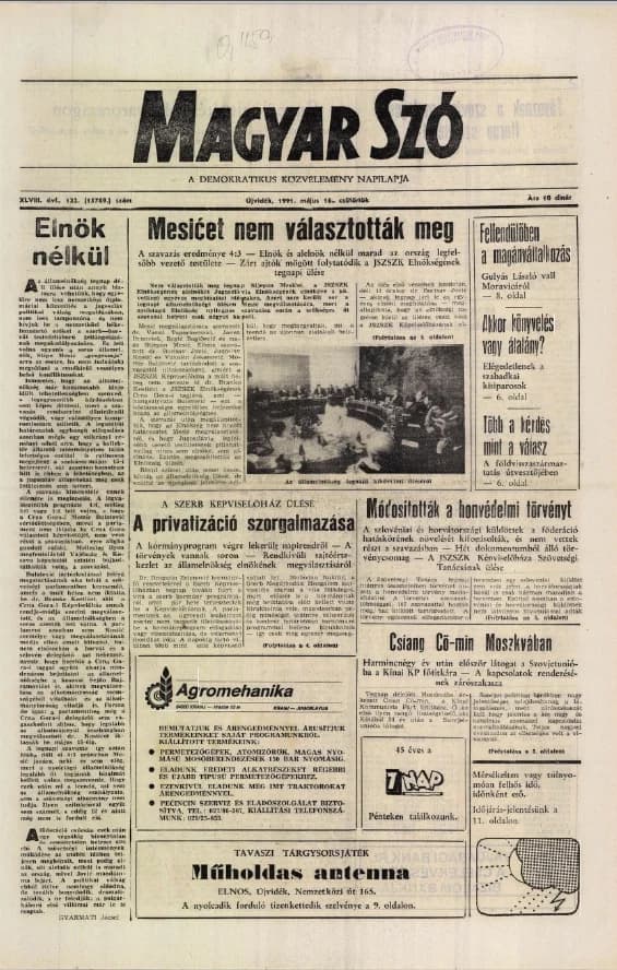 Magyar Szó, 48. évf. 1991. május 16. 132. sz. 1–20. oldal