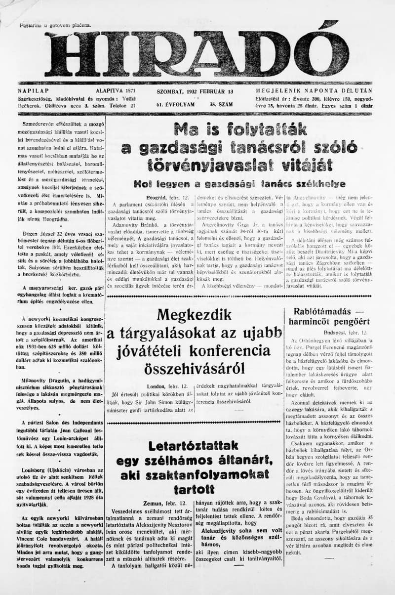 Híradó, 61. évf. 1932. február 13. 35. sz.