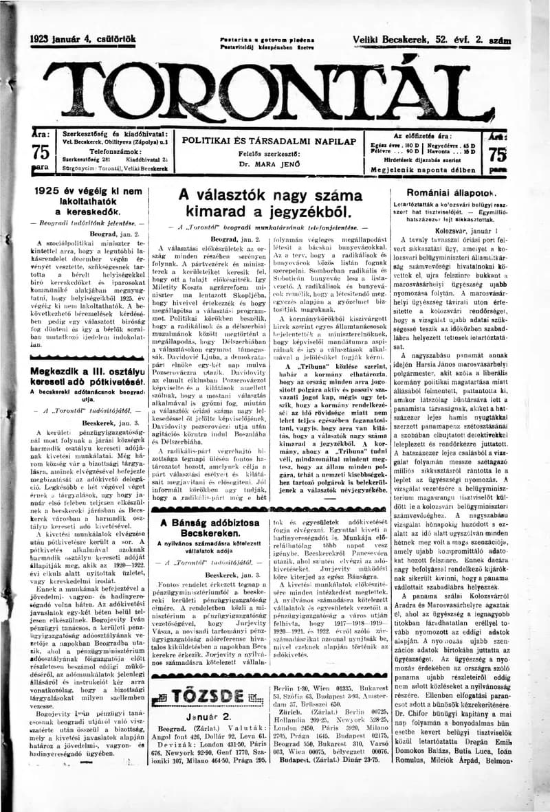 Torontál, 52. évf. 1923. január 4. 2. sz.