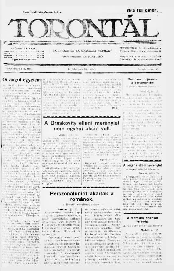 Torontál, 50. évf. 1921. július 27. 161. sz.