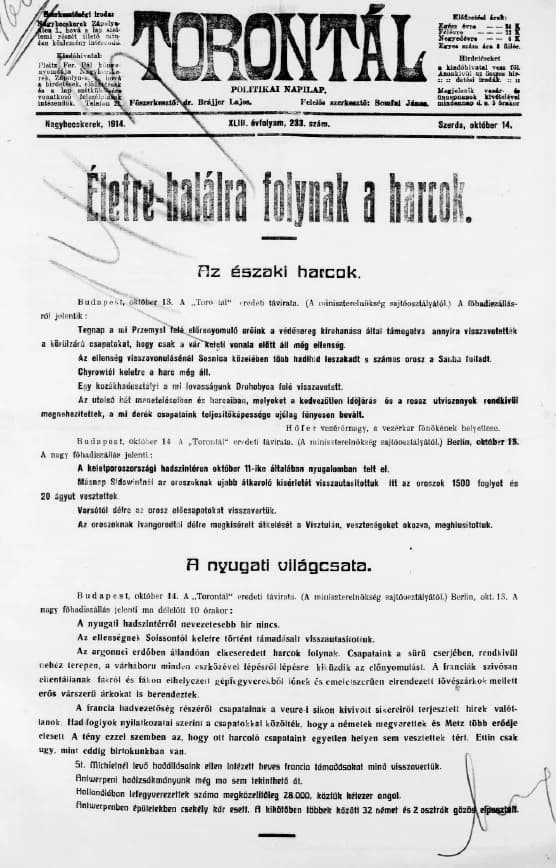 Torontál, 43. évf. 1914. október 14. 233. sz.