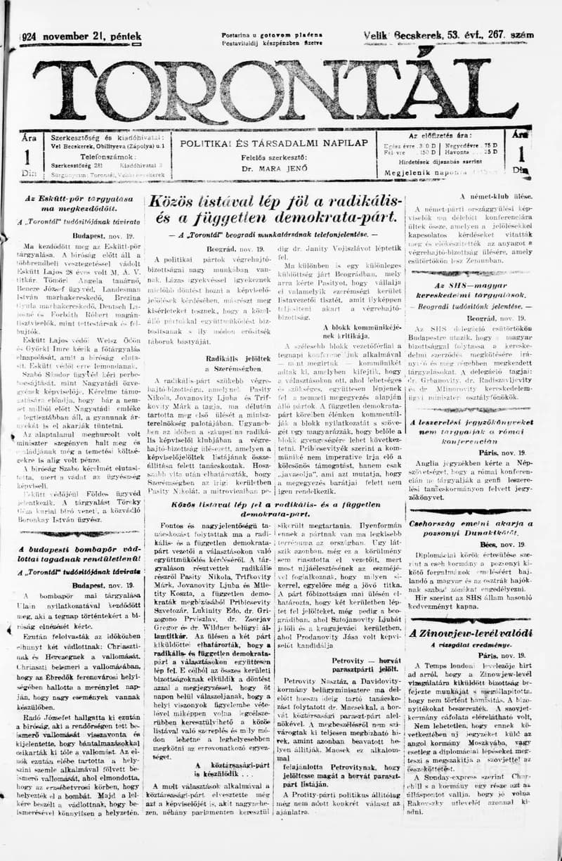 Torontál, 53. évf. 1924. november 21. 267. sz.