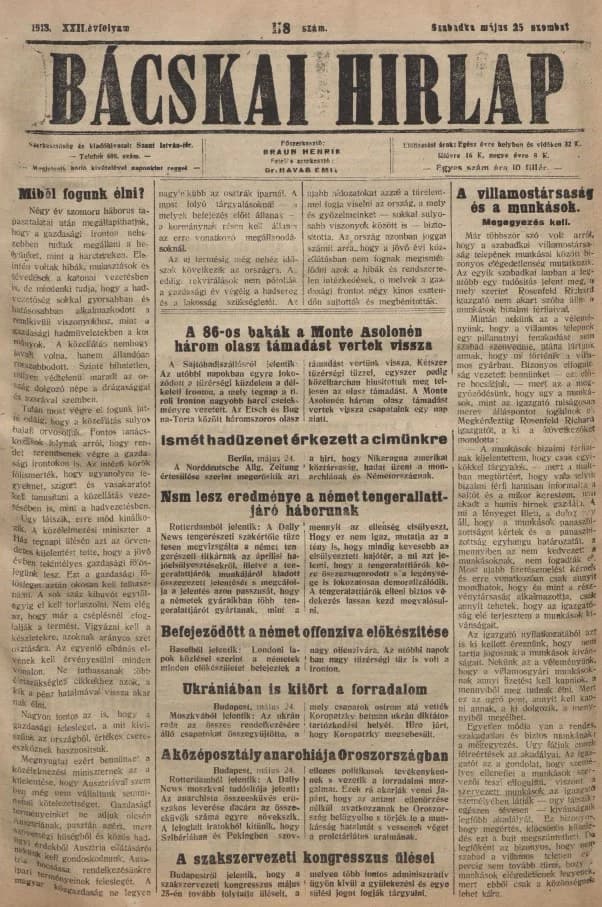 Bácskai Hirlap, 22. évf. 1918. május 25. 118. sz.