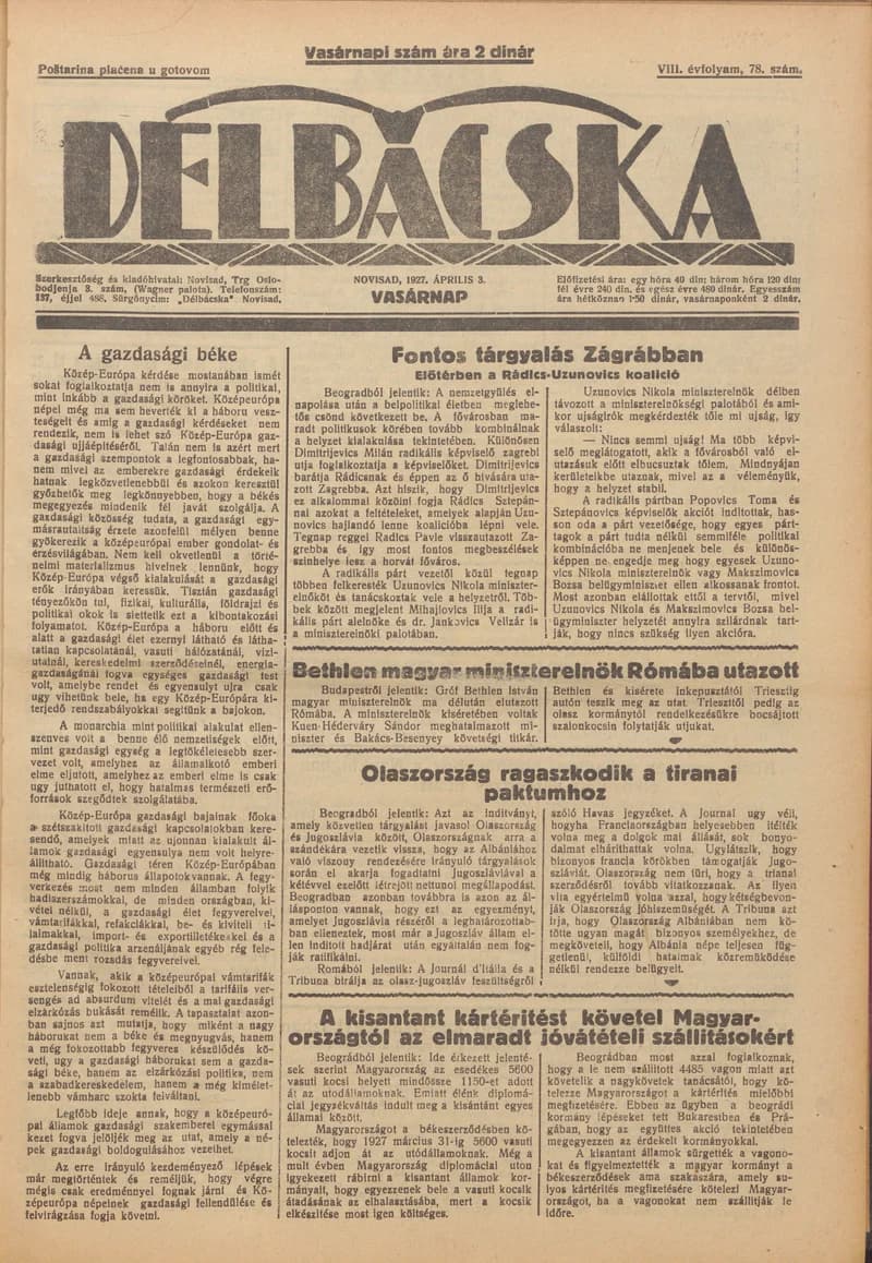 Délbácska, 8. évf. 1927. április 3. 78. sz.