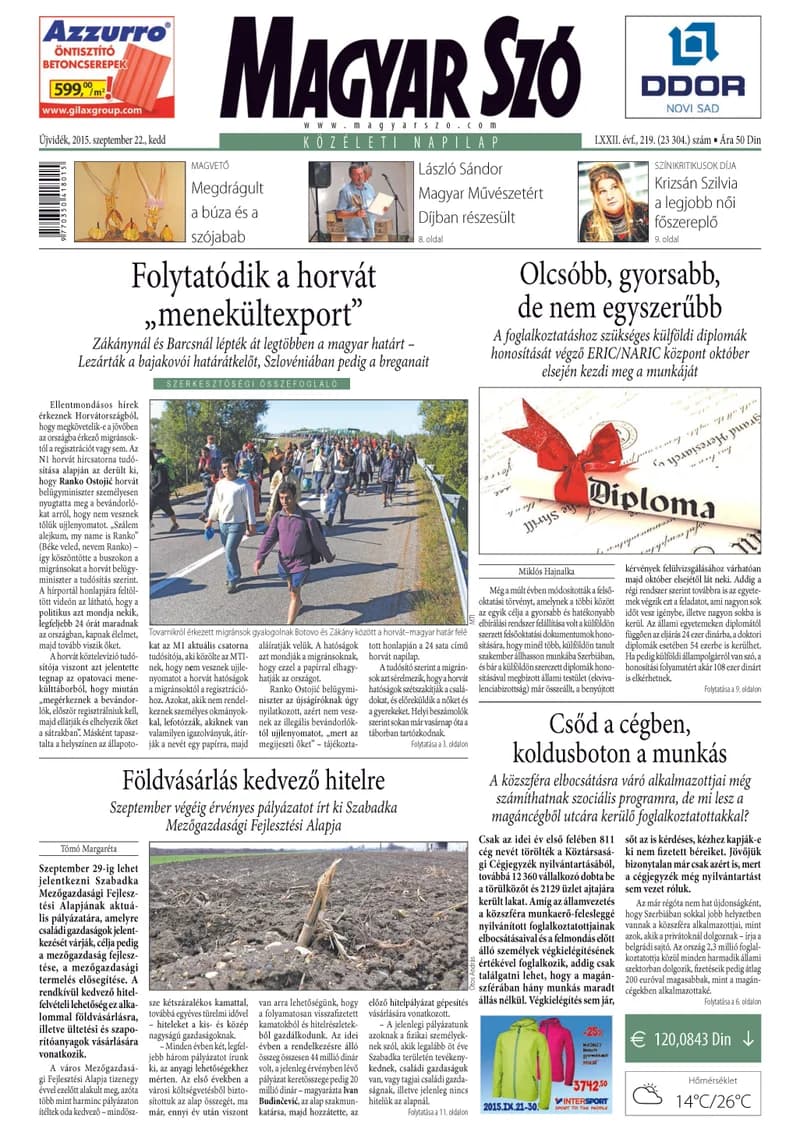 Magyar Szó, 72. évf. 2015. szeptember 22. 219. sz. 1–20. oldal
