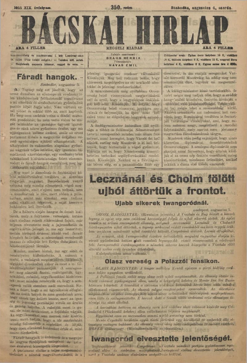 Bácskai Hirlap, 19. évf. 1915. augusztus 4. 350. sz.