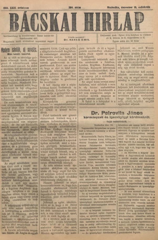 Bácskai Hirlap, 22. évf. 1918. december 19. 284. sz.