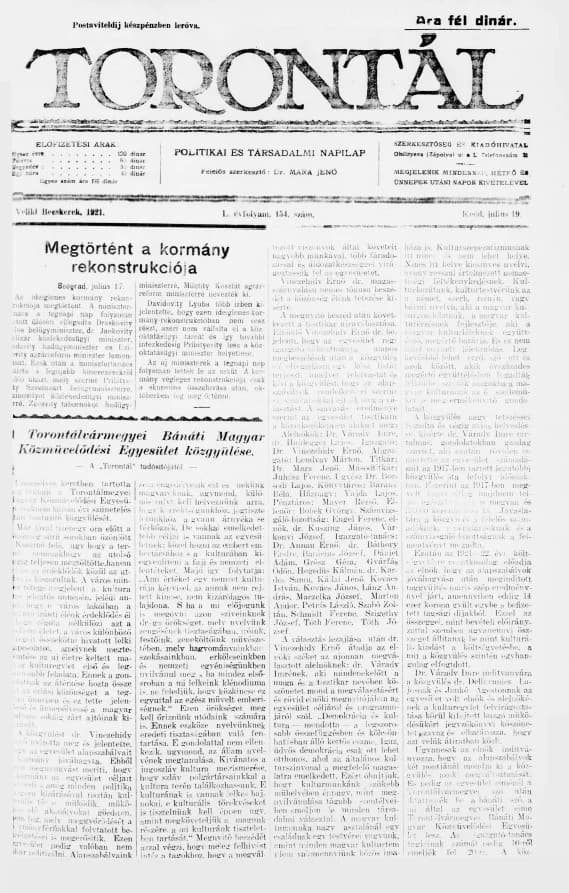 Torontál, 50. évf. 1921. július 19. 154. sz.