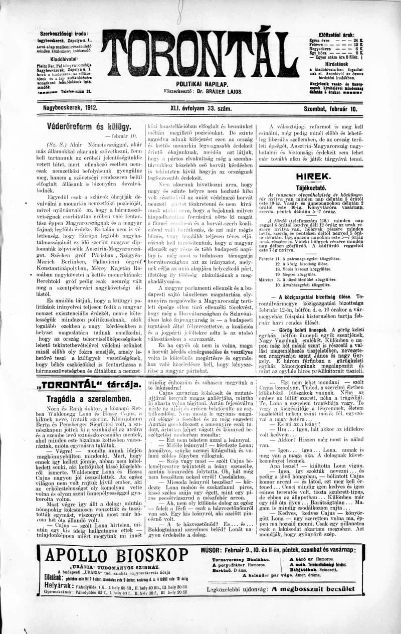 Torontál, 41. évf. 1912. február 10. 33. sz.